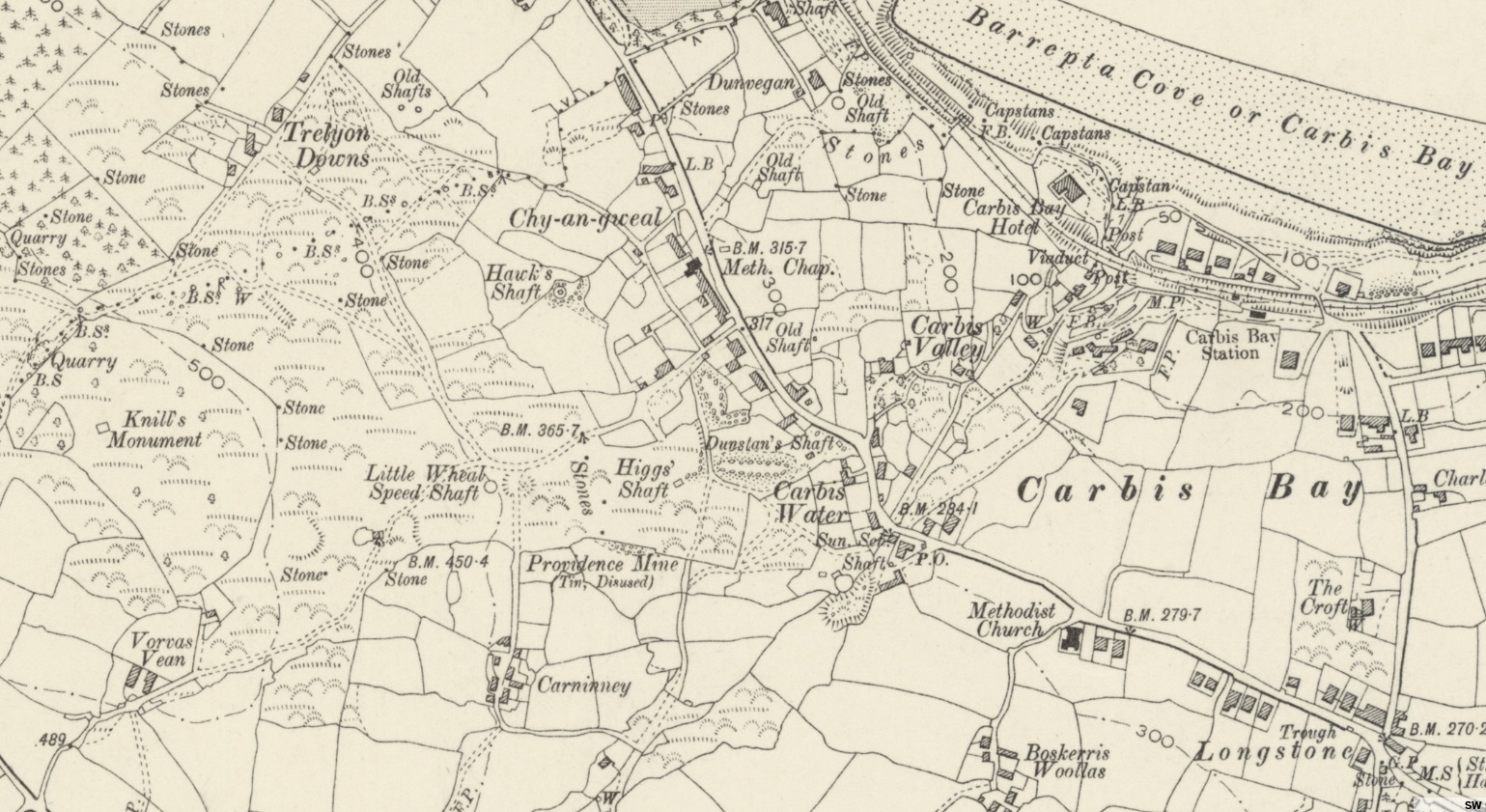 1900s Ordnance Survey map of Carbis Bay showing Providence Mine, shafts, and Knill's Monument