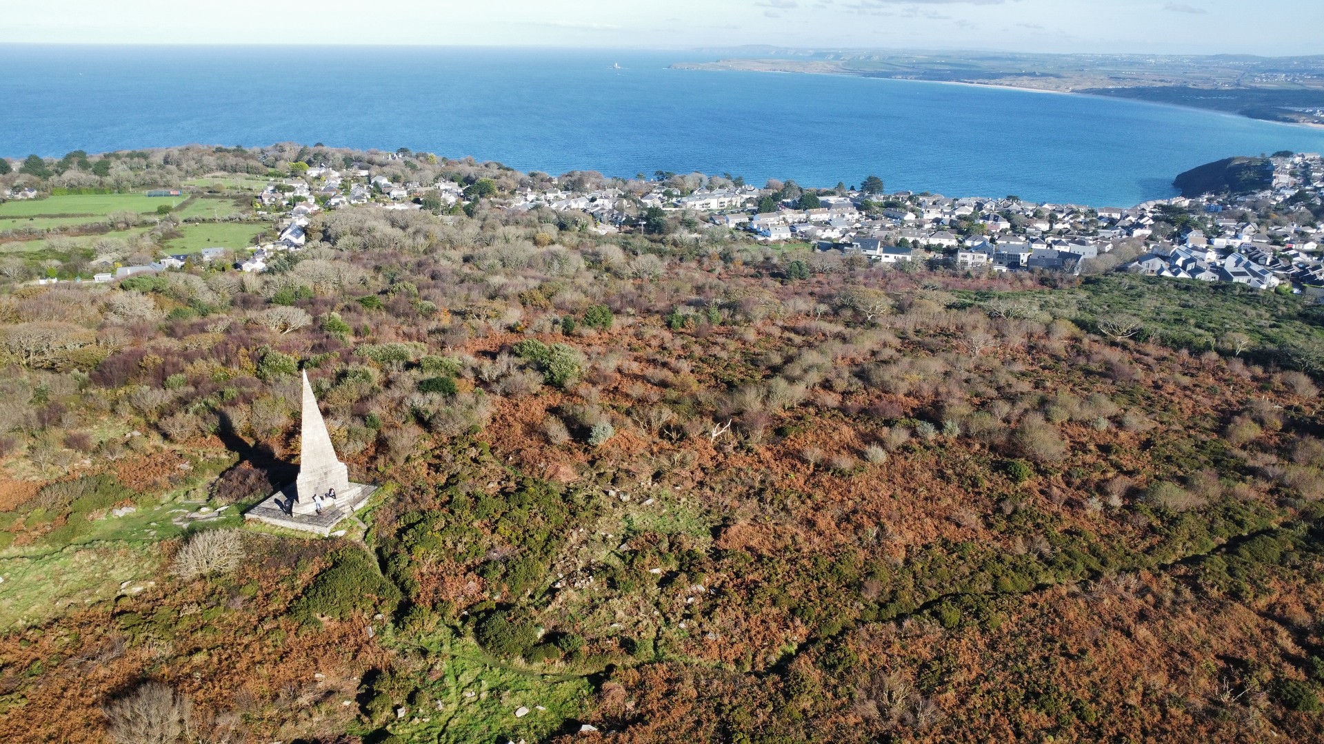 Aerial view of Knill's Monument overlooking Carbis Bay and St Ives Bay, Cornwall
