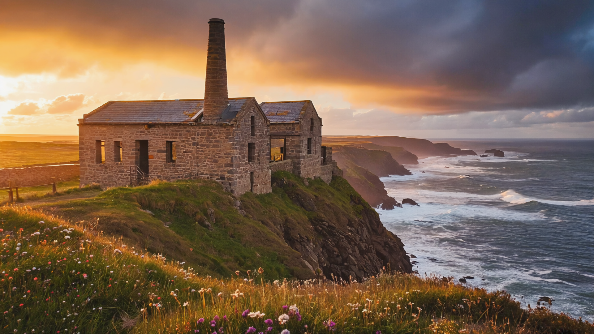 Cliff-top Cornish engine house at golden hour overlooking the Atlantic