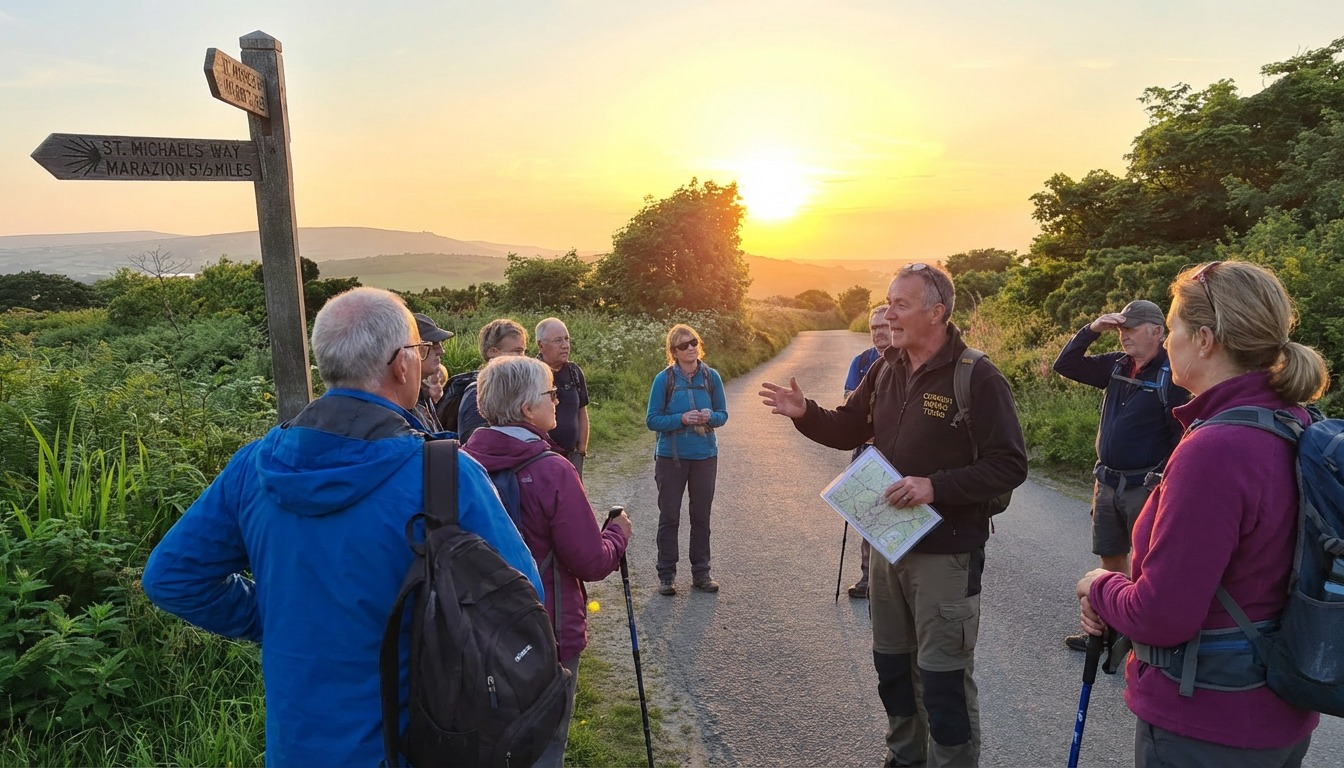 Bal and Beyond guided tour group at sunset on St Michael's Way, Cornwall